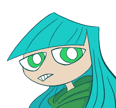 An image of a pale-skinned girl with blue hair, green eyes, and a lime green hoodie.
